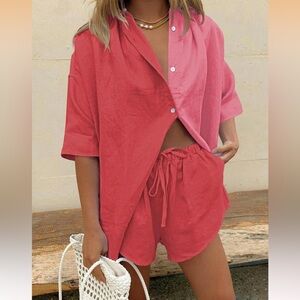 Color block 2-piece set - Red & Pink Button Up Shirt and Shorts Set NWOT